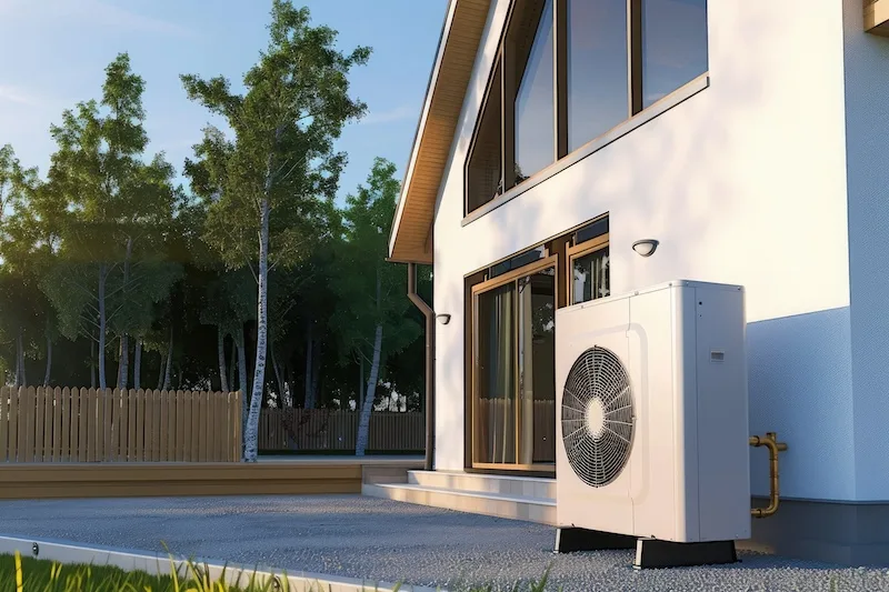 Air source heat pump installed at a building
