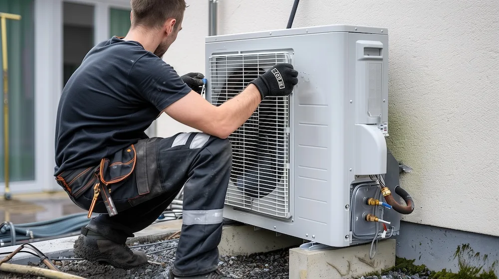 Air source heat pump being installed at a home