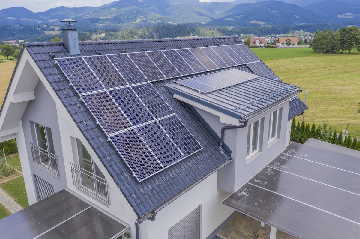 Aerial view of a Sussex home with a full solar roof